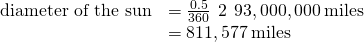 \begin{array}{cc}\hfill \text{diameter of the sun}& =\frac{0.5\text{°}}{360\text{°}}\phantom{\rule{0.2em}{0ex}}×\phantom{\rule{0.2em}{0ex}}2\text{π}\phantom{\rule{0.2em}{0ex}}×\phantom{\rule{0.2em}{0ex}}93,000,000\phantom{\rule{0.2em}{0ex}}\text{miles}\hfill \\ & =811,577\phantom{\rule{0.2em}{0ex}}\text{miles}\hfill \end{array}