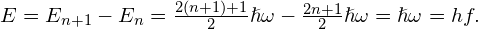 \text{Δ}E={E}_{n+1}-{E}_{n}=\frac{2\left(n+1\right)+1}{2}\hslash \omega -\frac{2n+1}{2}\hslash \omega =\hslash \omega =h\text{ }f.