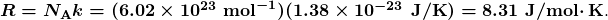 \boldsymbol{R=N_{\textbf{A}}k=(6.02\times10^{23}\textbf{ mol}^{-1})(1.38\times10^{-23}\textbf{ J/K})=8.31\textbf{ J/mol}\cdotp\textbf{K}}.