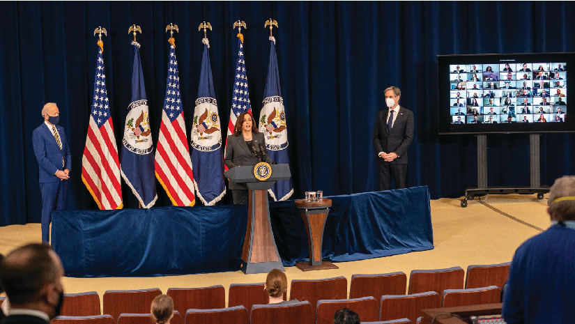 Photo of Kamala Harris addressing the State Department.