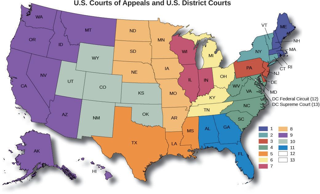 A map of the Unites States titled “U.S. Courts of Appeals and U.S. District Courts”. The map shows the thirteen courts of appeals and the geographical areas those courts cover. The first region covers the states of Maine, New Hampshire, Massachusetts, and Rhode Island. The second region covers the states of Vermont, New York, and Connecticut. The third region covers the states of Pennsylvania, New Jersey, and Delaware. The fourth region covers the states of Maryland, West Virginia, Virginia, North Carolina, and South Carolina. The fifth region covers the states of Mississippi, Louisiana, and Texas. The sixth region covers the states of Michigan, Ohio, Kentucky, and Tennessee. The seventh region covers the states of Wisconsin, Illinois, and Indiana. The eighth region covers the states of North Dakota, South Dakota, Nebraska, Minnesota, Iowa, Missouri, and Arkansas. The ninth region covers the states of Washington, Montana, Idaho, Oregon, California, Nevada, Hawaii, Alaska, and Arizona. The tenth region covers the states of Wyoming, Utah, Colorado, Kansas, Oklahoma, and New Mexico. The eleventh region covers the states of Alabama, Georgia, and Florida. The twelfth court is labeled “DC Federal Circuit” and the thirteenth court is labeled “DC Supreme Court”.