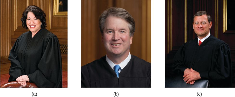 Image A is of Justice Sonia Sotomayor. Image B is of Justice Brett Kavanaugh. Image C is of Justice John Roberts.