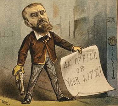 A cartoon of Charles J. Guiteau holding a pistol and a piece of paper that says “An office or your life!”