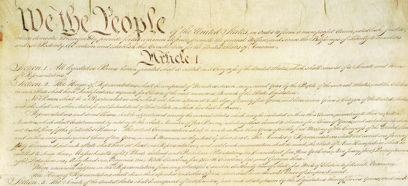 A photo of the U.S. Constitution displays the headings, 'We the People' and 'Article I.'