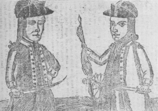 This 1787 almanac cover shows a drawing of Daniel Shays and Job Shattuck.