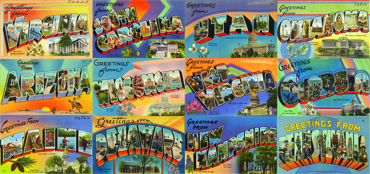 A series of postcards from different states, with the slogan “Greetings From” above each state’s name. Iconic images and scenery decorates each states’ postcard. States includes are Virginia, South Carolina,Utah, Oklahoma, Arizona, Wisconsin, West Virginia, Georgia, Maine, Delaware, New Hampshire, and Pennsylvania.