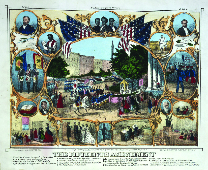 A print from 1870 that shows several scenes of African Americans participating in everyday activities. Under the scenes is the text “The Fifteenth Amendment”.
