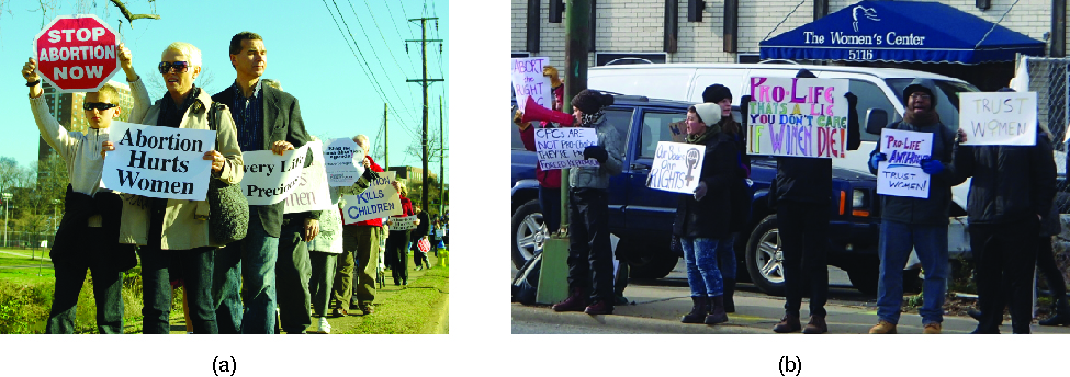 Photo A shows a group of people in a line holding signs. The signs that are visible read “Stop abortion now” and “Abortion hurts women”. Photo B shows a group of people in a line in front of a building holding signs. The signs that are visible read “Trust Women” and “Pro-life that’s a lie you don’t care if women die”.