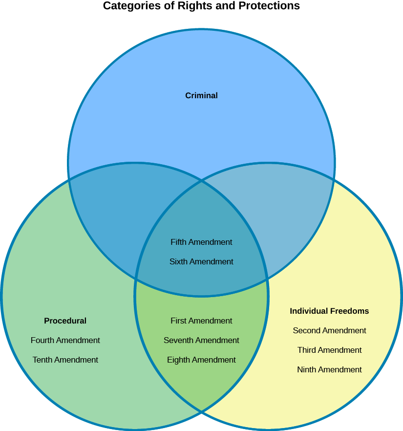 A Venn Diagram labeled “Categories of Rights and Protections”. The top circle of the diagram is labeled “Criminal”, the circle on the left is labeled “Procedural”, and the circle on the right is labeled “Individual Freedoms”. The values “Fifth Amendment” and “Sixth Amendment” are shown in the center of the diagram where all three circles overlap. The values “Fourth Amendment” and “Tenth Amendment” are shown in the circle on the left labeled “Procedural”. The values “First Amendment”, “Seventh Amendment”, and “Eighth Amendment” are shown at the bottom of the diagram where the circles labeled “Procedural” and “Individual Freedoms” overlap. The values “Second Amendment”, “Third Amendment”, and “Ninth Amendment” are shown in the circle on the right labeled “Individual Freedoms”.