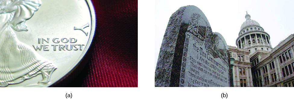 Photo A is of a close up of an U.S. coin. The words “In God we trust” can be seen on the coin. Photo B is of a sculpture that lists the Ten Commandments. There is a building with a dome in the background.