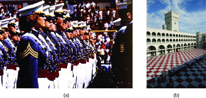 A: an image of a group of cadets standing in rows. B: an image of a building with one high tower and several archways. In the foreground is a large tiled courtyard.