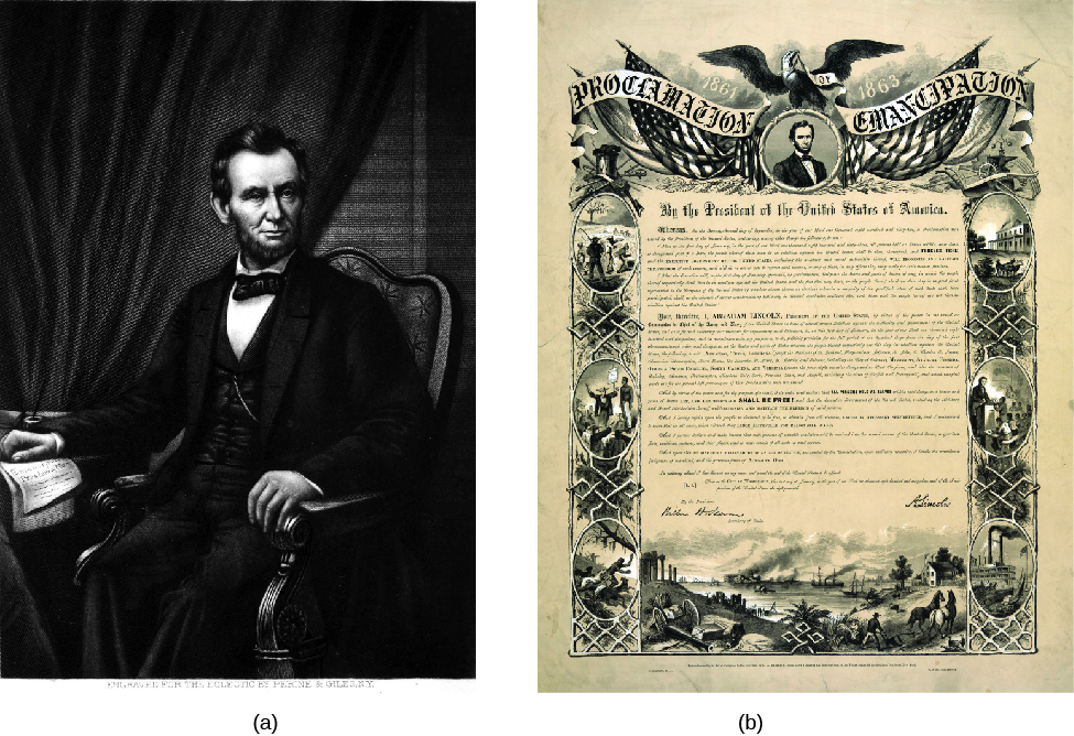 Image A is of Abraham Lincoln sitting in a chair. His right hand rests on a paper document. Image B is of a document. The document reads “Proclamation of Emancipation” at the top.