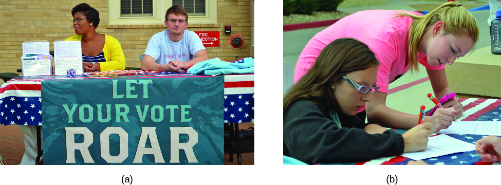 Image A is of two people sitting behind a table. A cloth sign hanging in front of the table reads “Let your vote roar”. Image B is of two people filling out forms.