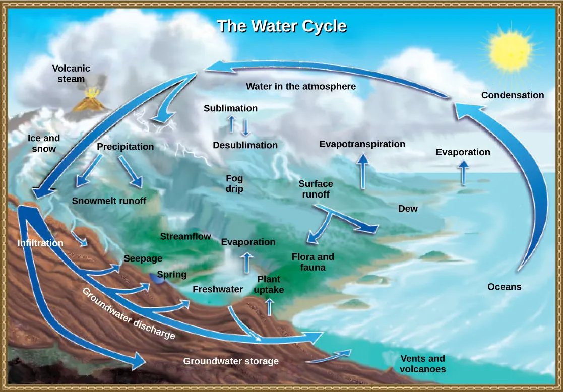 Illustration shows the water cycle. Water enters the atmosphere through evaporation, evapotranspiration, sublimation, and volcanic steam. Condensation in the atmosphere turns water vapor into clouds. Water from the atmosphere returns to the Earth via precipitation or desublimation. Some of this water infiltrates the ground to become groundwater. Seepage, freshwater springs, and plant uptake return some of this water to the surface. The remaining water seeps into the oceans. The remaining surface water enters streams and freshwater lakes, where it eventually enters the ocean via surface runoff. Some water also enters the ocean via underwater vents or volcanoes.