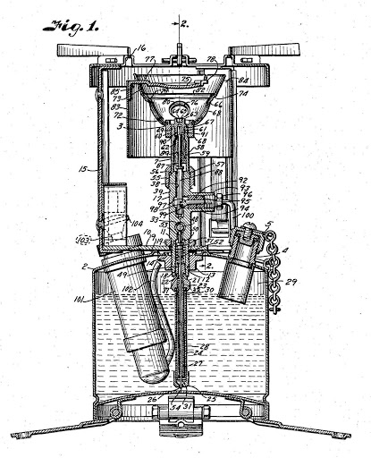 Black and white blueprint of a Coleman stove. The blueprint is labled 'Fig. 1.' and all the parts on the machine are numbered.