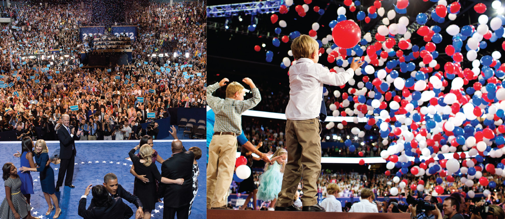 The image on the left is of Obama and his family in front of a large crowd of people. The image on the right is of several children on a stage in front of a large crowd of people.
