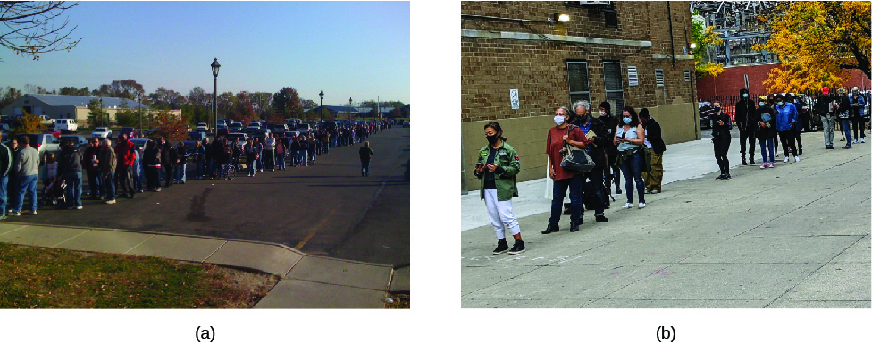 Photo A is an image of a long line of people lined up down a street. Photo B is an image of a line of people wearing masks lined up down a street.