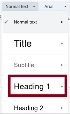 Heading 1 option with red rectangle