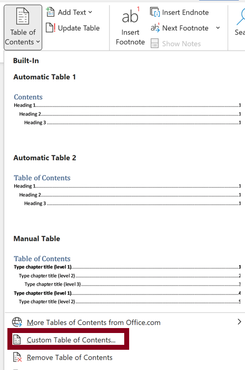 Custom Table of Contents tool