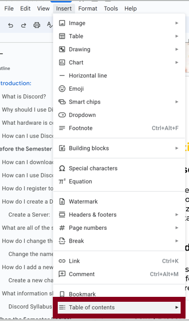 Table of Contents tool