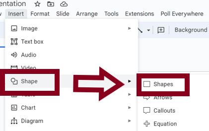 Shape tool in red rectangle pointing an arrow toward shapes in red rectangle