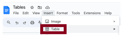 Snip of Table tool in Google Docs