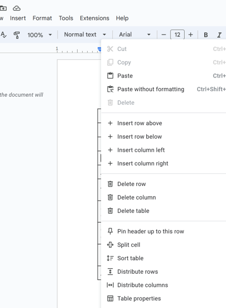 Snip of table options inlcuding insert and delete