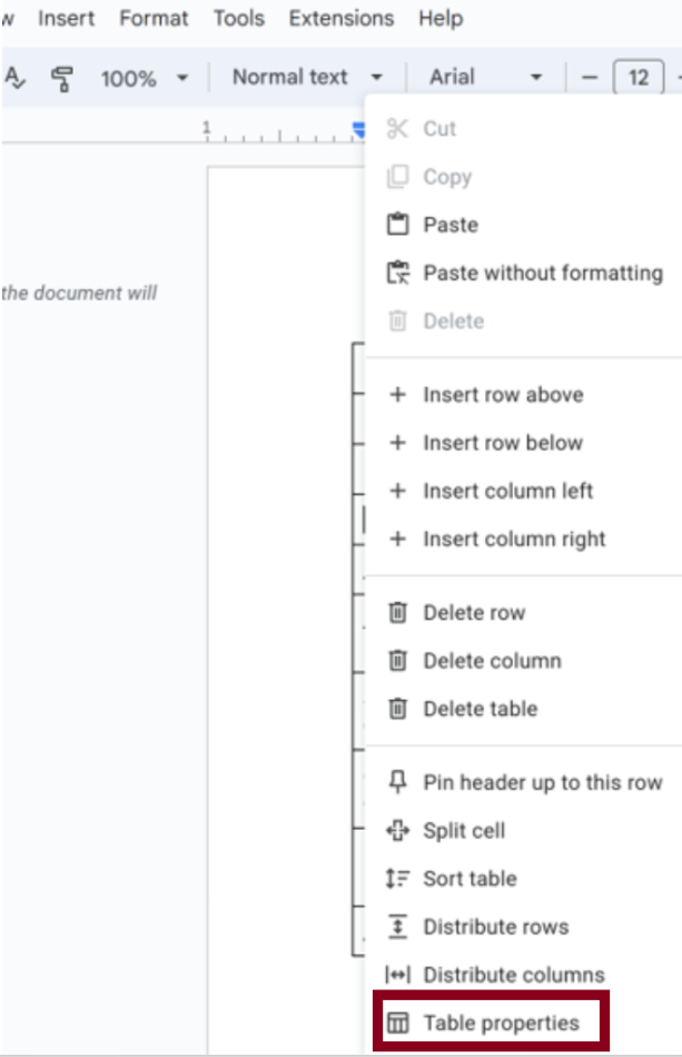 Snip of table properties tool