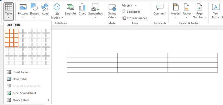 Insert rows and columns in table snip