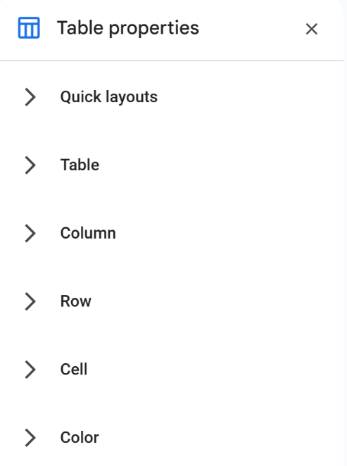 Snip of Table Choices including Quick Layouts, Columns, Rows, and Colors