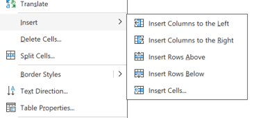 Snip of Insert options for columns and rows