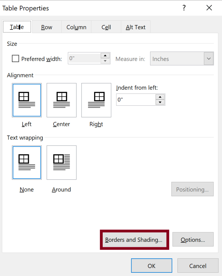 snip of table properties including borders and shading button