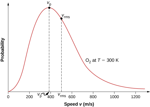 The figure is a graph of probability versus velocity v in meters per second of oxygen gas at 300 kelvin. The graph has a peak probability at a velocity V p of just under 400 meters per second and a root-mean-square probability at a velocity v r m s of about 500 meters per second. The probability is zero at the origin and tends to zero at infinity. The graph is not symmetric, but rather steeper on the left than on the right of the peak.
