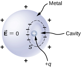A metal sphere with a cavity is shown. It is labeled vector E equal to zero. There are plus signs surrounding it. There is a positive charge labeled plus q within the cavity. The cavity is surrounded by minus signs.
