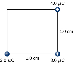 The figure shows a square with side length 1.0cm and three charges (2.0µC, 3.0µC and 4.0µC) on three corners.