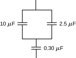 Figure shows capacitors of value 10 micro Farad and 2.5 micro Farad connected in parallel with each other. These are connected in series with a capacitor of value 0.3 micro Farad.