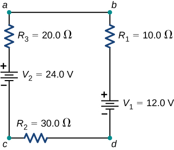 The figure shows positive terminal of voltage source V subscript 2 of 24 V connected in series to resistor R subscript 3 of 20 Ω connected in series to resistor R subscript 1 of 10 Ω connected in series to positive terminal of voltage source V subscript 1 of 12 V connected in series to resistor R subscript 2 of 30 Ω.