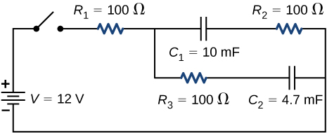 The positive terminal of voltage source V of 12 V is connected to an open switch. The other end of the open switch is connected to resistor R subscript 1 of 100 Ω which is connected to two parallel branches. The first branch has capacitor C subscript 1 of 10 mF and R subscript 2 of 100 Ω. The second branch has R subscript 3 of 100 Ω and C subscript 2 of 4.7 mF.