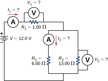 The circuit shows positive terminal of voltage source V of 12 V connected to an ammeter connected to resistor R subscript 1 of 1 Ω with voltmeter across it connected to two parallel branches. The first branch has an ammeter connected to resistor R subscript 2 of 6 Ω and second branch has R subscript 3 of 13 Ω and voltmeter across it.