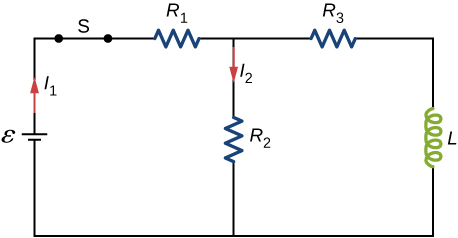 Figure shows a circuit with R1 and R2 connected in series with a battery, epsilon and a closed switch S. R2 is connected in parallel with L and R3. The currents through R1 and R2 are I1 and I2 respectively.