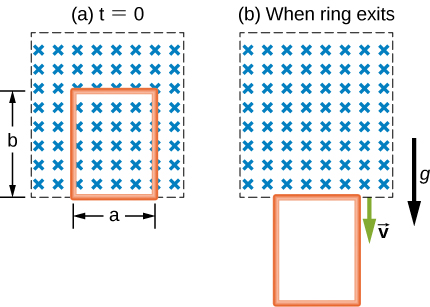 Figure a shows a box with crosses in it. It is labeled t=0. An area within it is demarcated with breadth equal to a and length equal to b. Figure b shows the same box with crosses in it. It is labeled, “when ring exits”. The demarcated are from figure a is now below the box. There are two downward arrows labeled g and v.