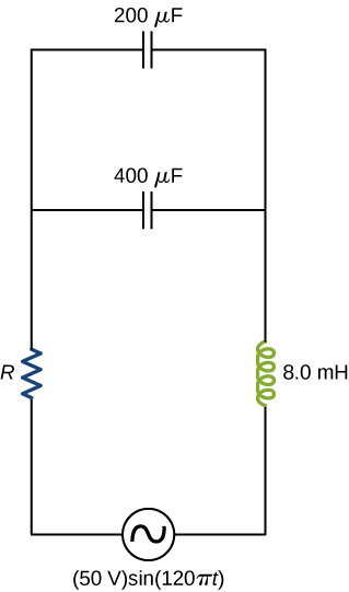 Figure shows a circuit with an AC source of 50 V, sine 120 pi t. This is connected to an inductor of 8 mH, a capacitor of 400 mu F and a resistor R. Another capacitor is connected in parallel with the first one. The value of this is 200 mu F.
