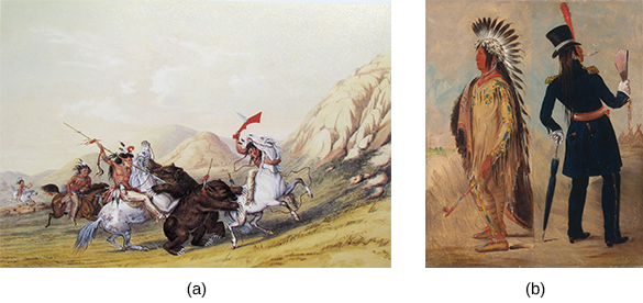 Painting (a) depicts a group of mounted Native Americans on a grizzly bear hunt. Painting (b) shows a Native American chief in two modes of dress: he is clothed in the native fashion, including a feathered headdress, on the left, and wearing a fully western outfit, including top hat, on the right.