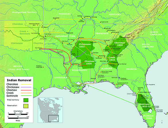 A map shows the routes taken by the Cherokee, Creek, Choctaw, Chickasaw, and Seminole from the Southeast to an area in the western territory during their forced removal from their homelands.