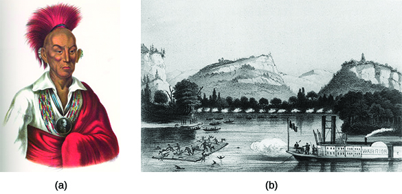 Portrait (a) depicts Sauk chief Black Hawk. Engraving (b) shows U.S. soldiers on a steamer labeled with the name “Warrior” firing on Native Americans aboard a raft on a river.