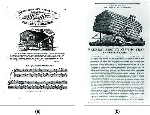 Image (a) shows the sheet music for Whig campaign song “Tippecanoe and Tyler Too! A Comic Glee.” An illustration depicts Harrison beside a log cabin. The individual logs bear the names of fifteen states: Ohio, Maine, Massachusetts, Vermont, North Carolina, Indiana, Kentucky, Louisiana, Pennsylvania, Rhode Island, Maryland, New York, Delaware, Connecticut, and New Jersey. Harrison hoists a log labeled “Hickory.” Image (b) shows an anti-Whig flyer with an illustration, titled “We Stoop to Conquer,” of a man, lured by a bottle labeled “Hard Cider,” crawling under a log cabin that has been propped up on one side like a box trap. The flyer’s headline reads “Federal-Abolition-Whig Trap. To Catch Voters In.”