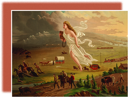A painting shows a White woman in flowing white robes flying westward, high over the American frontier. Where she has been, the scenery is bright; where she has yet to go, it remains dim. She hangs telegraph wire with one hand and holds a book in the other. Beneath her, farmers and other pioneers travel on foot and by covered wagon; trains and ships are visible in the distance. To the extreme west of the image, Native Americans and buffalo flee, driven further and further by the onslaught.