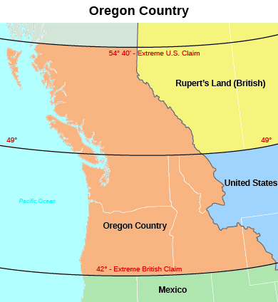 A map of the Oregon territory during the period of joint occupation by the United States and Great Britain shows the area whose ownership was contested by the two powers. The uppermost region is labeled “Rupert’s Land (British),” which lies in between the “54° 40′- Extreme U.S. Claim” and “49°” lines. The central region, which lies in between the “49°” and “42° - Extreme British Claim” lines, contains Oregon Country. Beneath the “42° - Extreme British Claim” line lies Mexico.