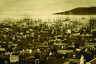 As people flocked to California in 1849, the population of the new territory swelled from a few thousand to about 100,000. The new arrivals quickly organized themselves into communities, and the trappings of “civilized” life—stores, saloons, libraries, stage lines, and fraternal lodges—began to appear. Newspapers were established, and musicians, singers, and acting companies arrived to entertain the gold seekers. The epitome of these Gold Rush boomtowns was San Francisco, which counted only a few hundred residents in 1846 but by 1850 had reached a population of thirty-four thousand (Figure 11.20). So quickly did the territory grow that by 1850 California was ready to enter the Union as a state. When it sought admission, however, the issue of slavery expansion and sectional tensions emerged once again.