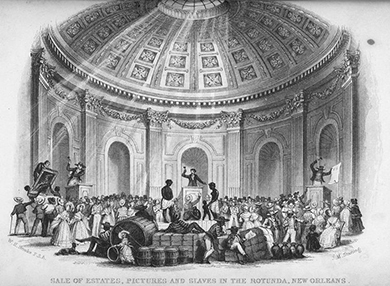 An illustration depicts the auction of captured people and material goods beneath a large, ornate rotunda. On the center auction block, an auctioneer calls for bids on a slave man, woman, and child. On auction blocks to either side, auctioneers sell off large paintings and other goods. Well-dressed people crowd the room and haggle over the items for sale.